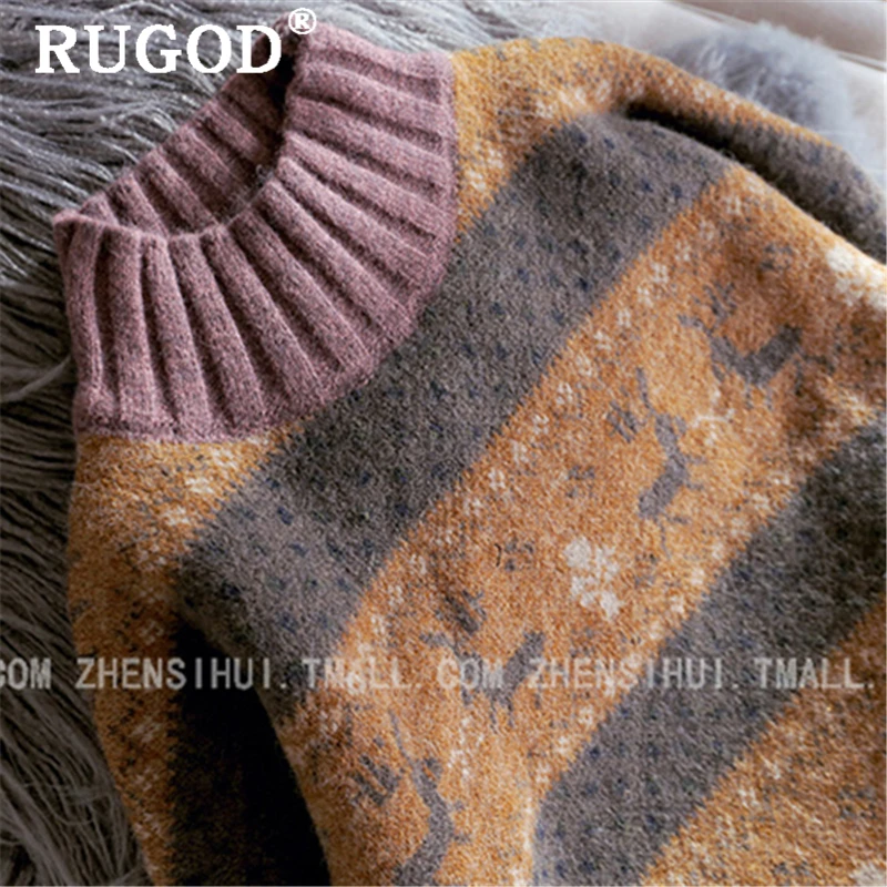 RUGOD Fashion round neck women knitted sweater Auturm Winter warm printed thicken knitwear female Vintage Christmas sweater