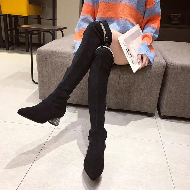 

Thigh Boot Women's 2019 Autumn And Winter New Style Korean-style Pointed High Heels Boots-Suede Chunky Heel Ankle Boots Women's