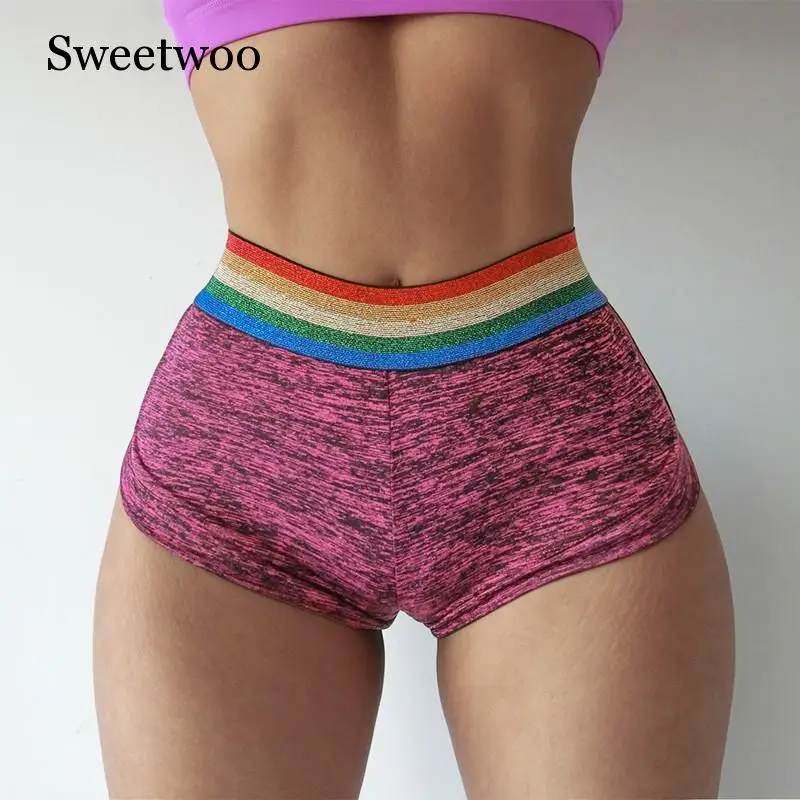 SWEETWOO, шорты для йоги,, радужные полосы, сексуальные, пуш-ап, фитнес-Шорты Женщины, для спортзала, с карманами, эластичные, тонкие шорты для тренировок