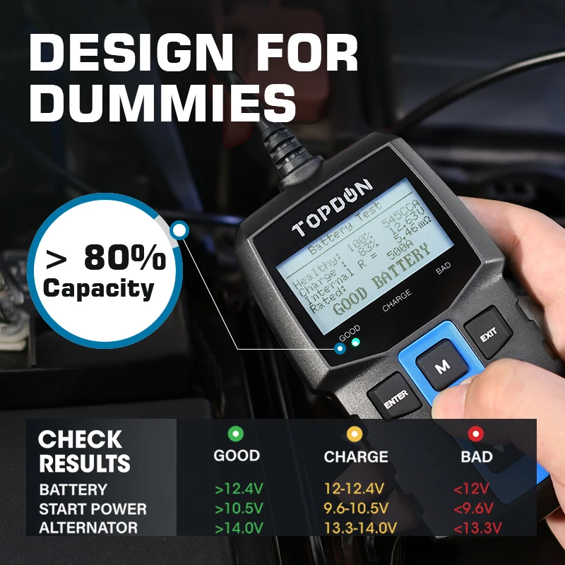 TOPDON BT100 12V Car Battery Tester Digital Automotive Diagnostic Battery Tester Analyzer Vehicle Cranking Charging Scanner Tool 5
