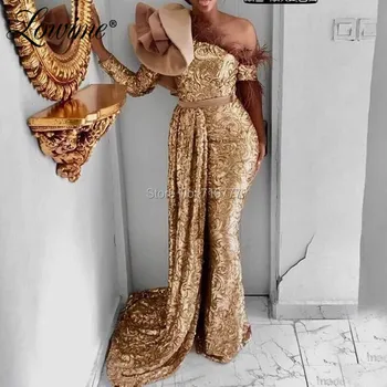 

Special Design Glitter Feather Evening Dress African Party Gowns 2019 Women Wear Clothes Arabic Dubai Long Mermaid Prom Dresses