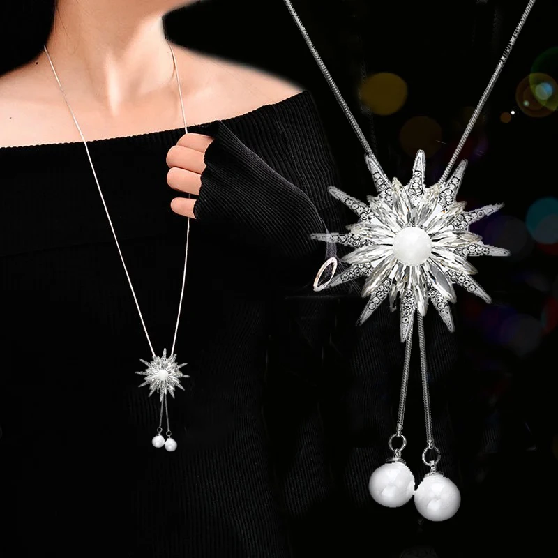 Elegant Crystal Simulated Pearl Flower Pendant Necklaces Women Snake Chain Dress Sweater Shopping Party Accessories |