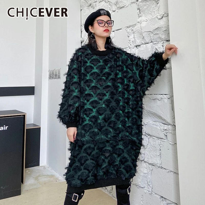 CHICEVER Patchwork Feathers Dress For Women O Neck Lantern Long Sleeve Hit Color Streetwear Oversized Dresses Female 2020 Fall | Женская