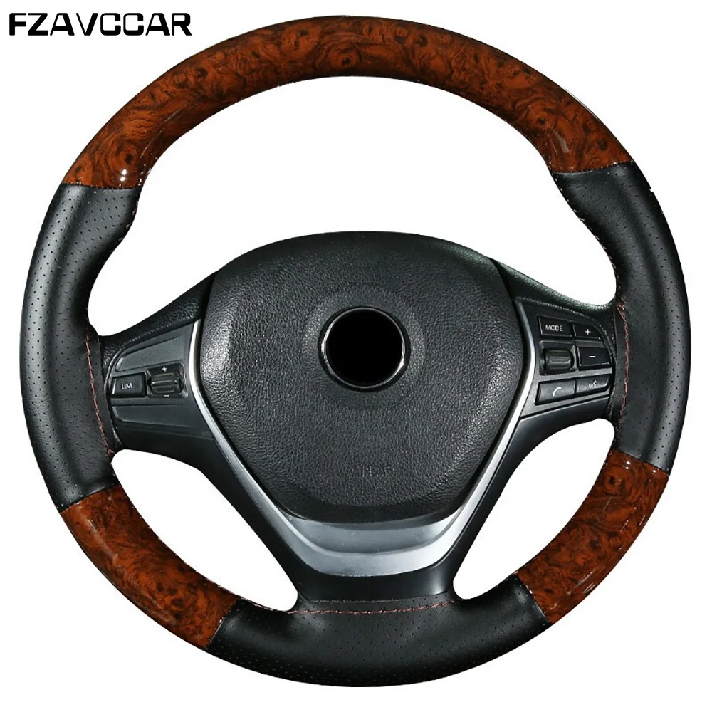 

FZAVCCAR 37/38CM Wood Pattern and Microfiber Leather Mixed Leather Car Steering Wheel Cover For Most Steering Wheel