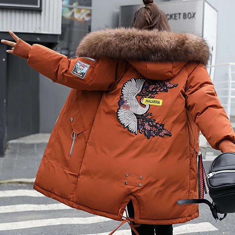 

New Cotton clothing Pad Women's Winter Long Section Europe America Loose Embroidery Fur Collar Coat Thick Cotton JacketAA89