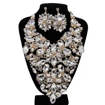 

fashion african wedding jewelry set luxury statement water drop deisgn glass rhinestone flower necklace earrings set for women