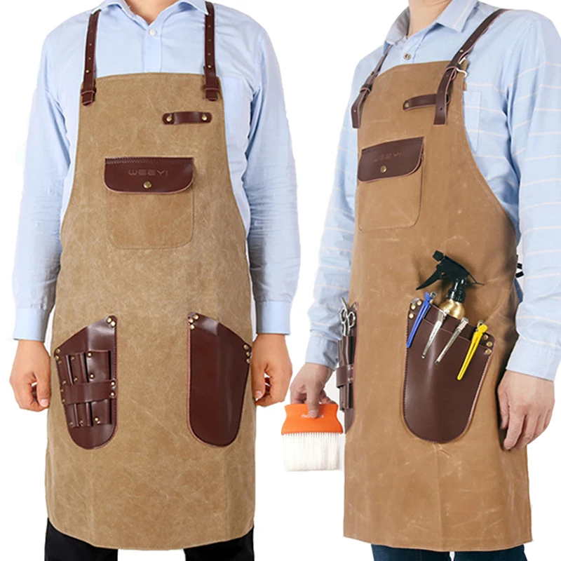 WEEYI Barber Apron For Hairdresser With Leather Pocket Women Men Canvas Salon Aprons For Work Haircut BBQ kapper schort avental