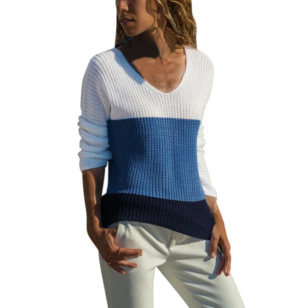 Лоскутный свитер, Женский пуловер, женский зимний джемпер с v-образным вырезом, женский свитер, blusa de frio feminina, pull femme nouveaute - Цвет: Синий