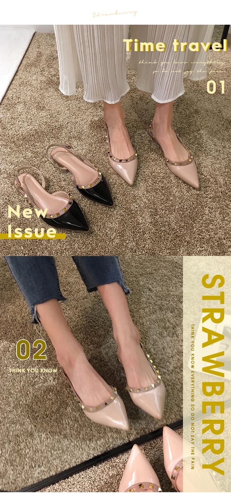 Women's shoes sandals new summer retro pointed rivets low with Roman shoes