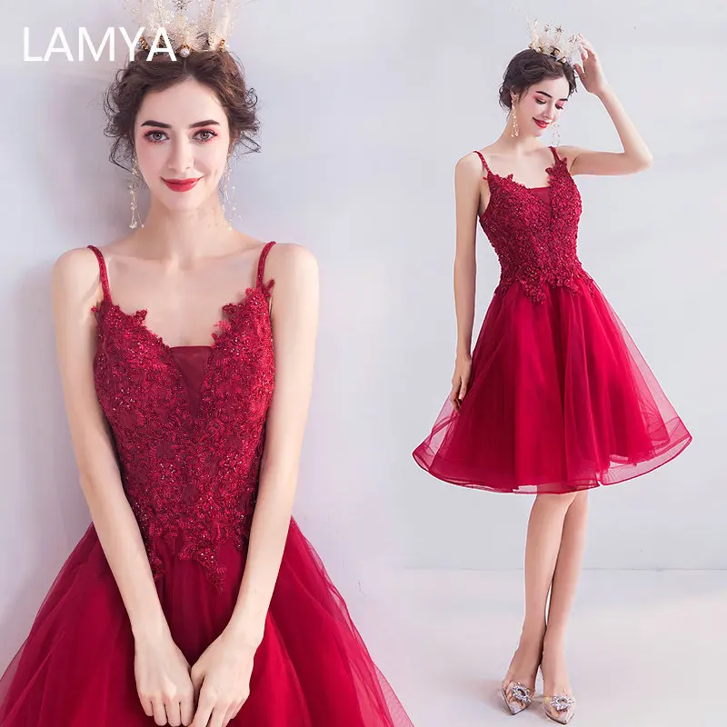 

LAMYA Short Beadings Evening Dress Party Elegant Lace Bodice V Neck Off The Shoulder Prom Gown Plus Size Vestido De Festa