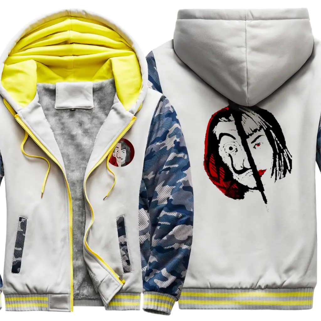 

La casa de papel Camouflage Raglan Thicken Jackets For Mens Keep Warm Hooded Korean Style Harajuku Tops Retro sudadera hombre