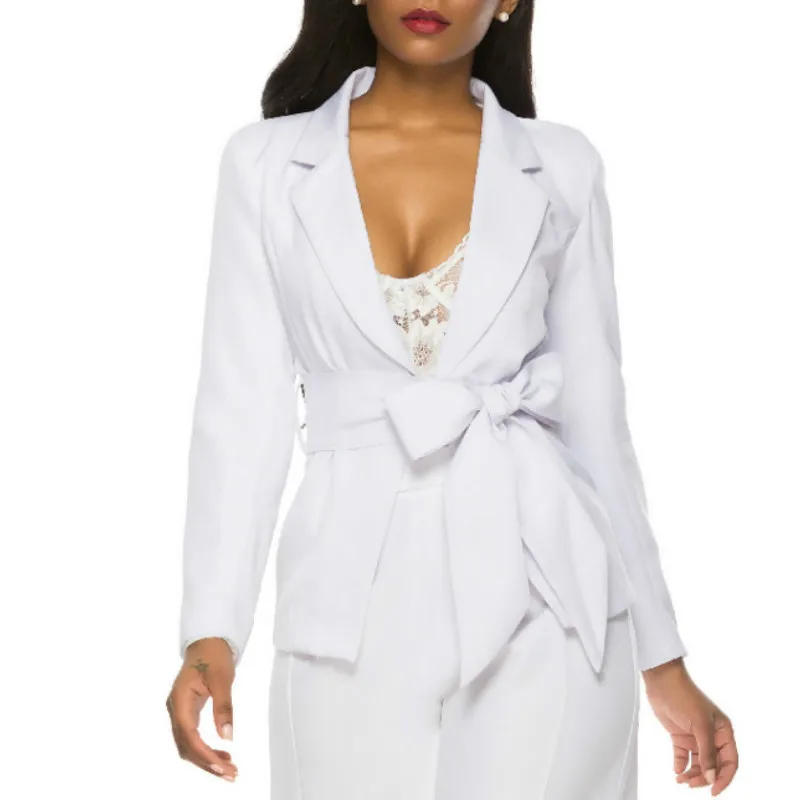 White Blazer Women with Waist Belt Classy Notched Long Sleeve Jackets Skinny Elegant Modest Office Work Wear Summer New |