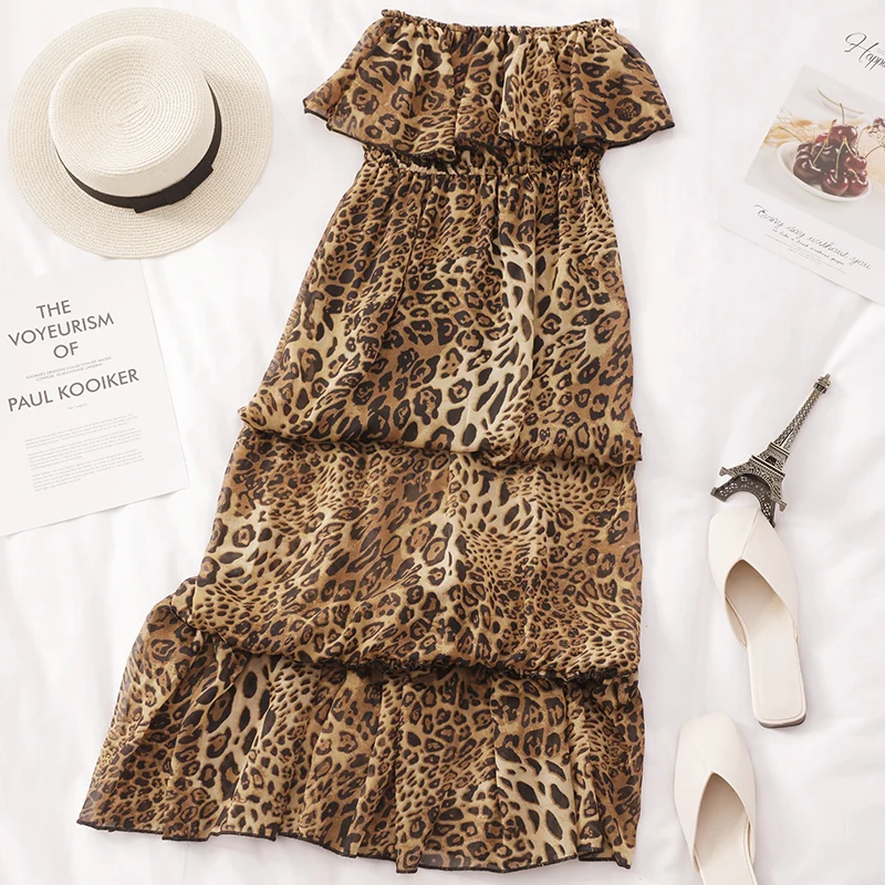 

2019 Women Summer Leopard Dress Beach Style Slash neck A-line Ruffles Strapless Holiday Ankle-length Long Vestidos
