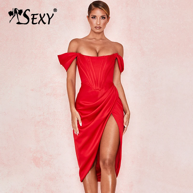 

Gosexy 2019 New Sexy Off the Shoulder Party Dress Fashion Slash Neck Split Midi Solid Bodycon Women Vestidos Red
