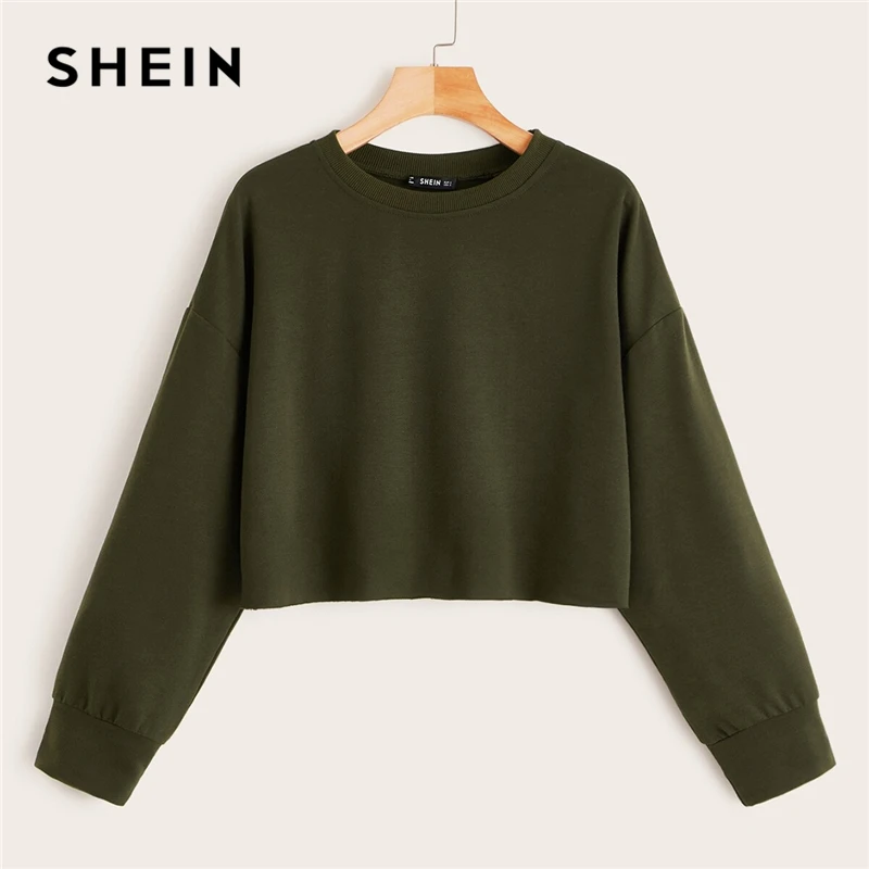 SHEIN Drop Shoulder Raw Hem Crop Sweatshirt Solid Pullover Women Summer Autumn Long Sleeve Round Neck Basic Casual Sweatshirts
