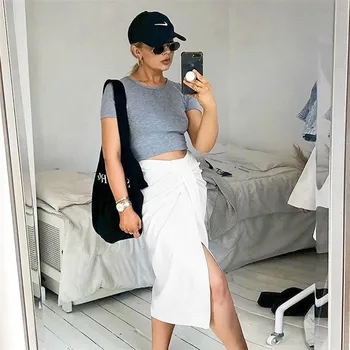 

2020 Midi A-line Skirt Women Fashion Streetwear Elegant Solid White Summer Women Skirt Female High Waist Sexy Office Lady Skirt