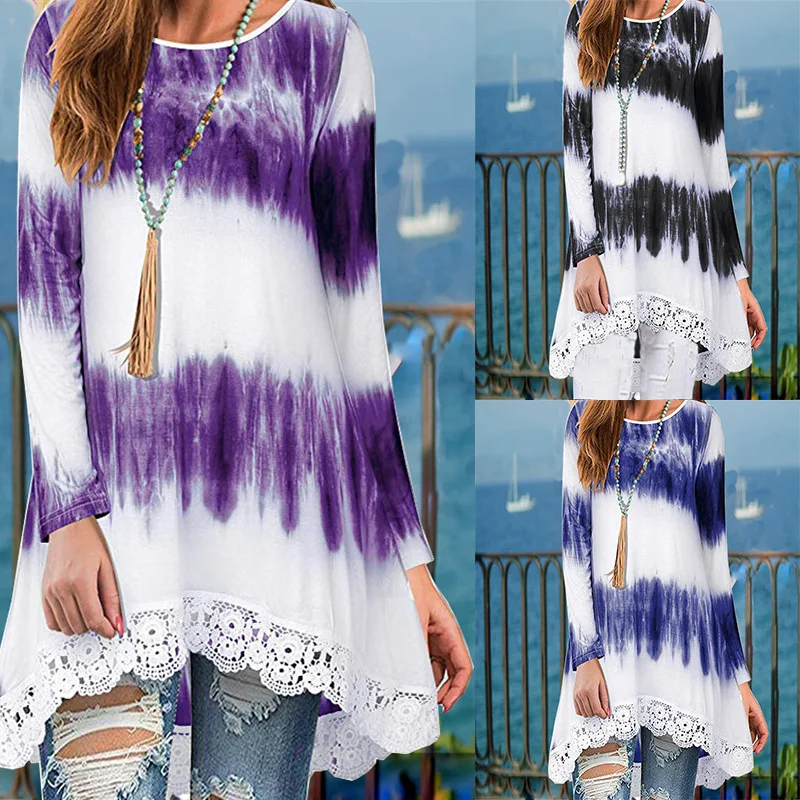 

suit OWLPRINCESS2019 Autumn And Winter Long Sleeve Flower Gradient Color Hem Lace WOMEN'S T-shirt