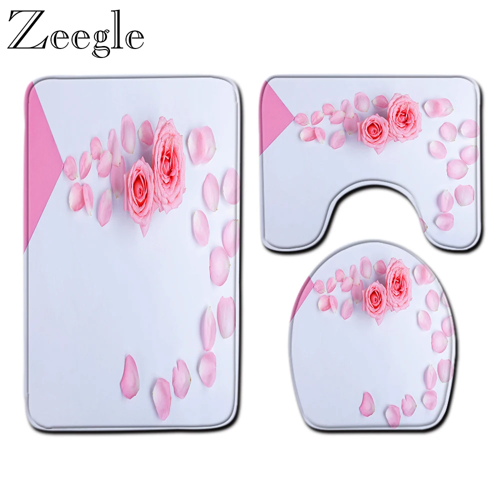 

Zeegle Bath Mat Set Flower Printed Bathroom Shower Carpet Absorbent Bath Soft Foot Mat Anti-slip Bathroom Toilet Pedestal Rug