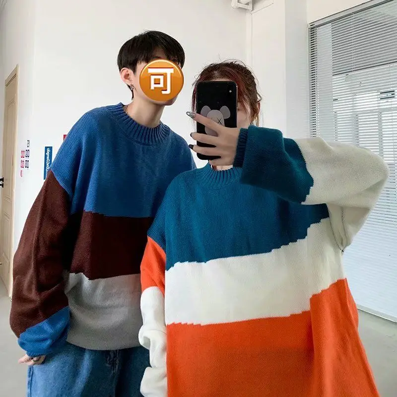 

2020 Autumn And Winter New Youth Popular Loose Japanese Ins Color Matching Sweater Fashion Casual All-match Round Neck Pullover