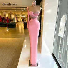 

Smileven Pink Merrmaid Formal Evening Dress One Shoulder Crystal Beaded High Neck Prom Dresses New Celebrity Party Gowns 2022