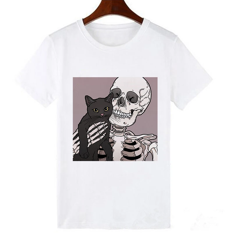 Lei SAGLY женская футболка с черепом и милым котом Harajuku женская готическая футболка с коротким рукавом kawaii Casaul футболка оверсайз Топы - Цвет: 19bk1048-white