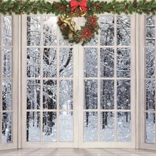 Фон для фотосъемки с изображением французского окна снежинки леса зимы Рождества Рождественский венок колокольчик Декор новогодние вечерние баннеры