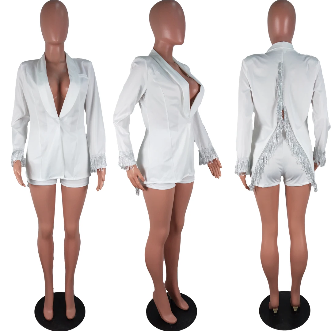 Женский комплект из двух предметов: блейзер с длинным рукавом и кисточками и шорты, элегантные костюмы для официальных леди, подходящие комплекты, Клубная одежда