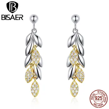 

BISAER 925 Sterling Silver Gold Color Wheat Clear CZ Drop Earrings for Women Fashion Jewelry Valentine Gifts with Box GAE025
