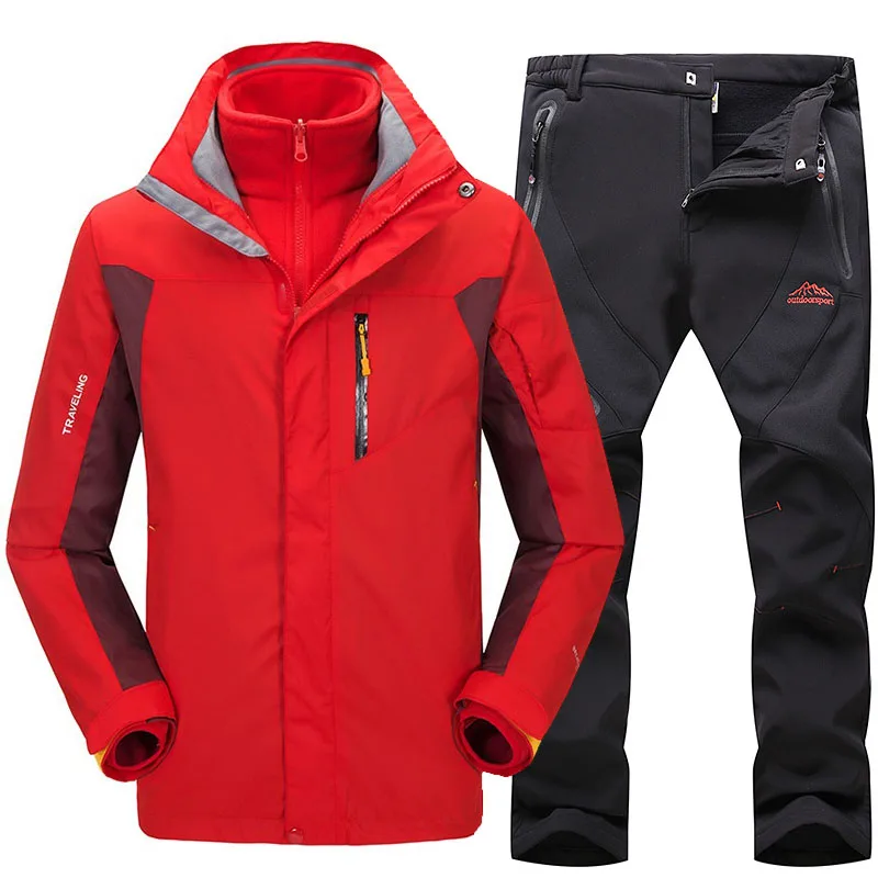 Плотный теплый лыжный костюм для мужчин, водонепроницаемая ветрозащитная Лыжная и Сноубордическая куртка, брюки, комплекты для улицы, для снега, кемпинга, походов, куртка, комплект - Цвет: Red    Black