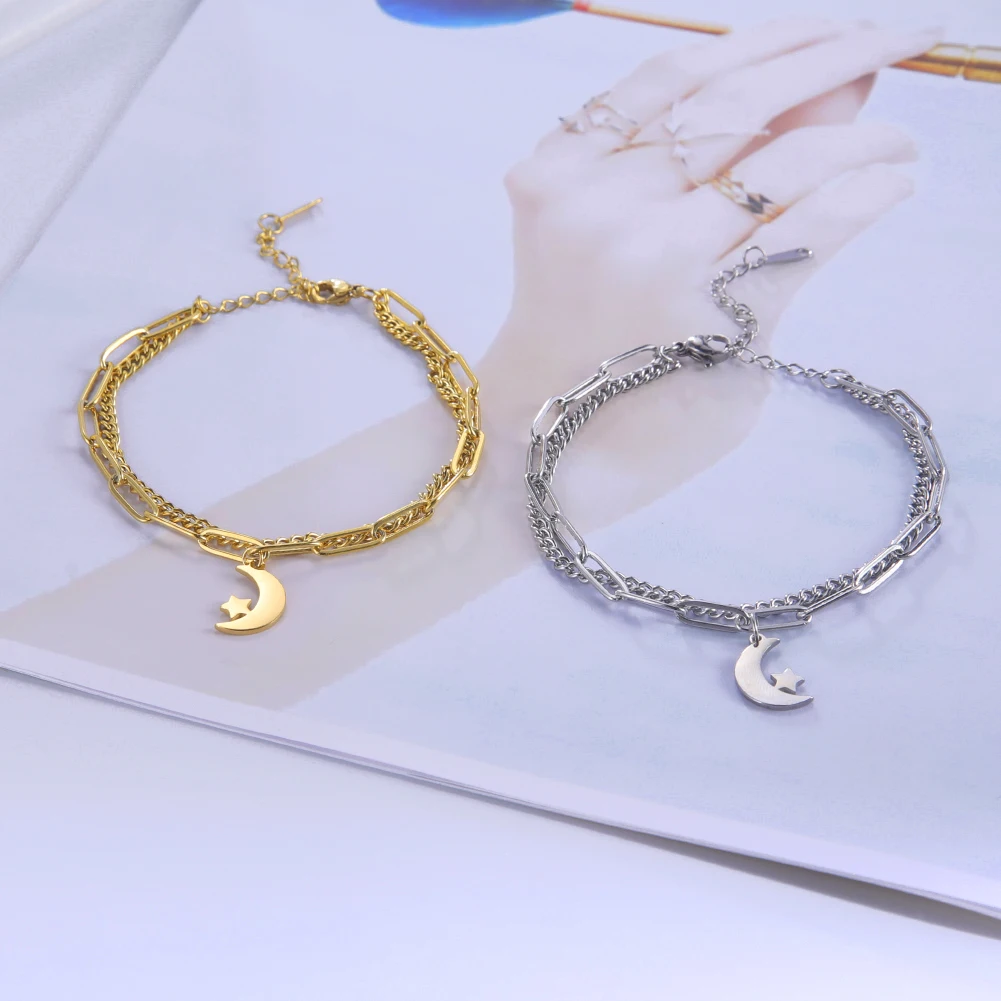 Skyrim Moon Star Double Layers Bracelets For Women Girls Stainless Steel Gold Color Friendship Jewelry Party Gifts | Украшения и