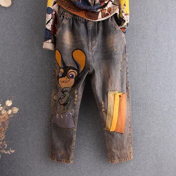 

New Arrival Spring Dad Jeans Women Loose Cotton Denim Boyfriend Jeans Elastic High Waist Cartoon Embroidery Harem Pants Trouser