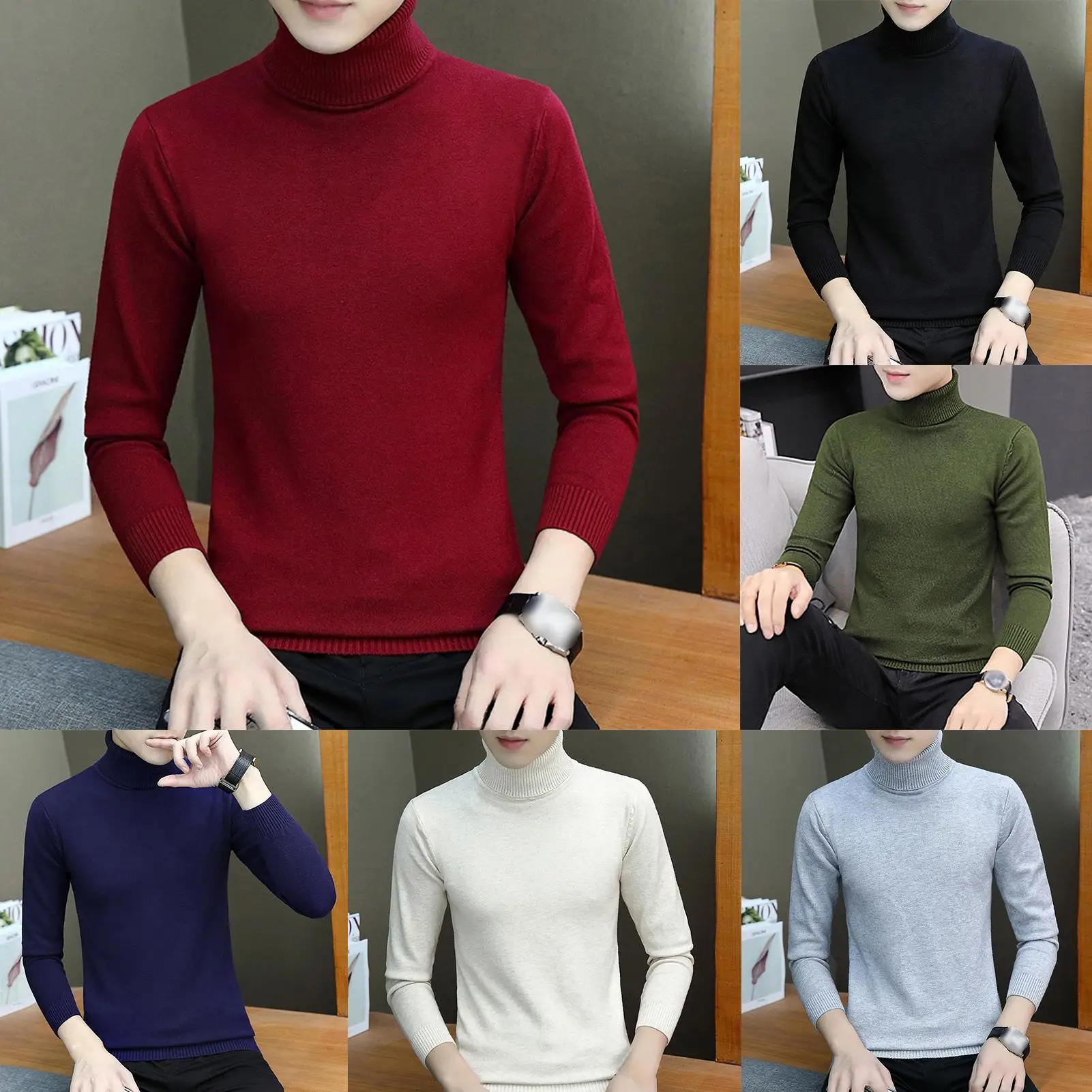 

Men Autumn Winter Solid Color Knitwear Turtle Neck Long Sleeve Sweater Pullover