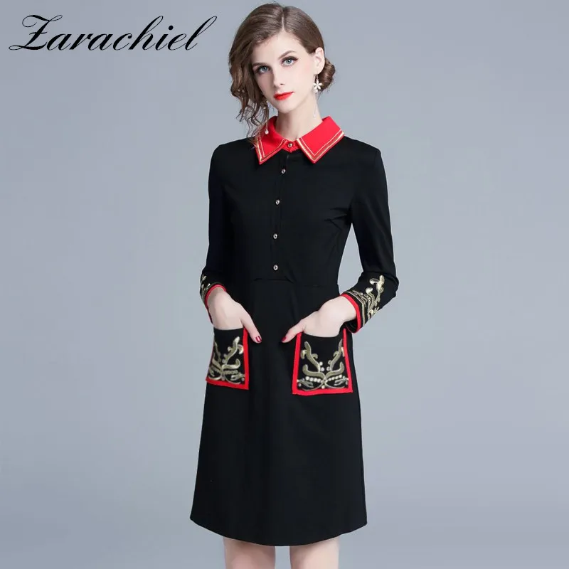 

Vintage Golden Embroidery Black Winter Dress 2019 Autumn Women Hit Color Turn-Down Collar Wrist Sleeve Pocket A-Line Mini Dress