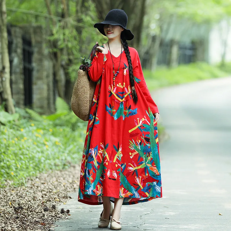 

Photo Shoot Cotton Linen-Style Dress Women's Long Sleeve Autumn 2019 New Style Korean-style Mid-length Printed Skirt