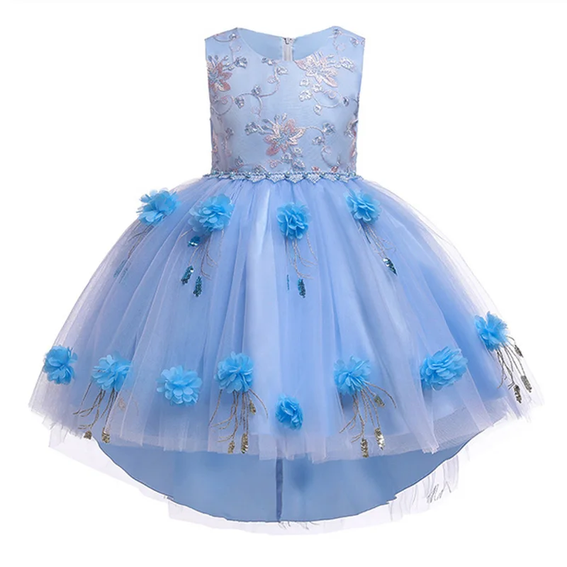 Новое свадебное платье с цветочным рисунком для девочек, платье с объемной вышивкой и хвостом, элегантное платье принцессы русалки из мягкой пряжи, одежда для девочек - Цвет: blue