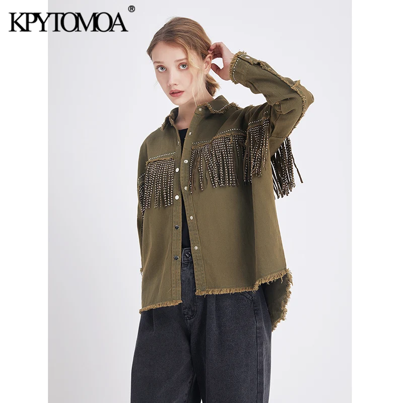 Finest  Vintage Stylish Fringe Beaded Loose Denim Jacket Coat Women 2020 Fashion Long Sleeve Frayed Trim La