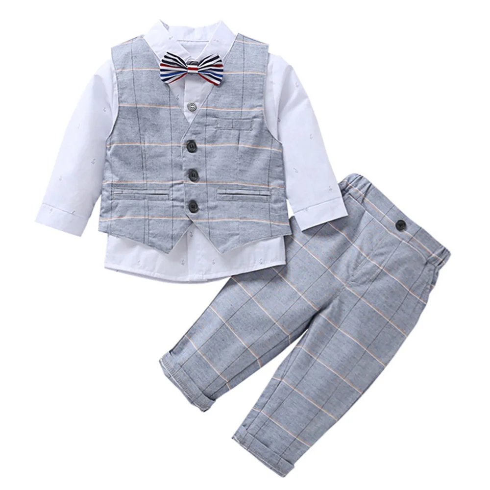 

AmzBarley 3pcs kids clothes set boys suit vest shirts Trousers children Wedding Formal suit Plaid blazer Bithday Party outfits