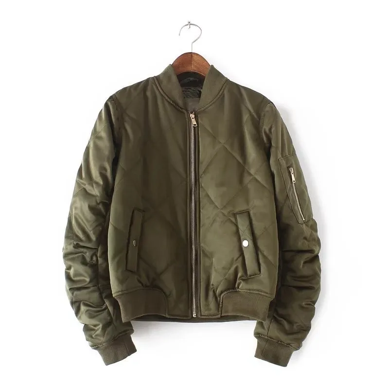 

Western Style Zipper Decoration Diamond-Quilted Cotton-padded Clothes Jacket Solid Color Stand Collar Long-Sleeve Cropped Jacket