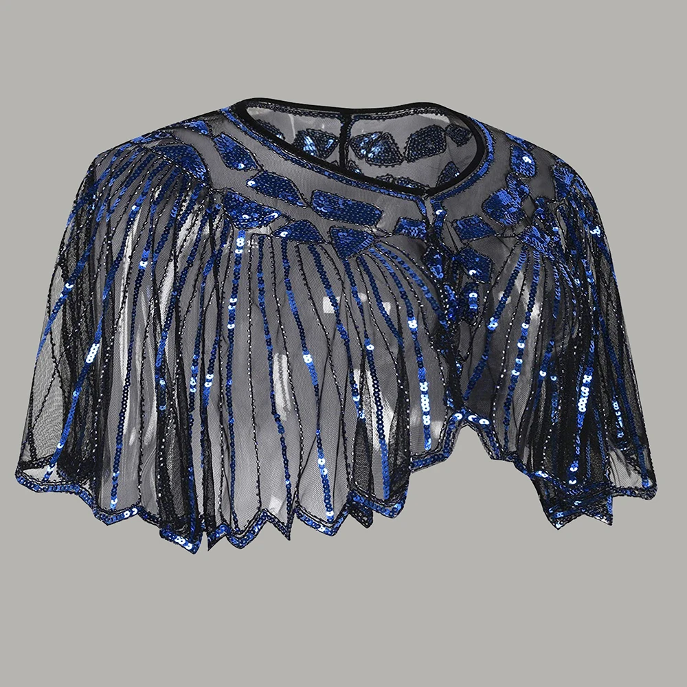 Винтажная шаль 1920 s, расшитая блестками и бисером, короткая накидка, украшенная бисером, Гэтсби, вечерние, сетчатые, короткие, накидка, Аксессуары для платья - Цвет: Navy Blue