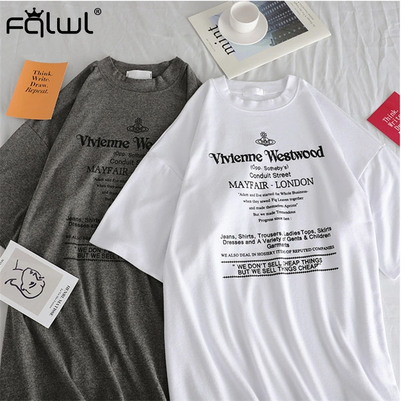 FQLWL Хлопковая женская белая негабаритная футболка с буквенным принтом, Женская Футболка Harajuku, женская летняя футболка, футболка Pulovers