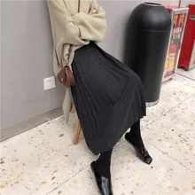 Осень зима модная женская плиссированная Однотонная юбка с высокой талией Винтажные эластичные юбки трапециевидная юбка миди для женщин