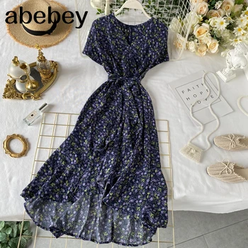 

Boho V Neck Vintage 2020 floral print ruffles slim bandage long Dress summer Party Women beach tunic irregular dress