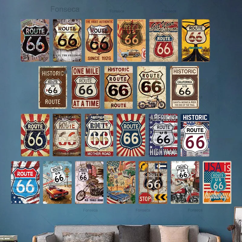 ROUTE US 66 Metal Tin Sign Vintage Retro Shed Garage Bar Man Cave Wall Plaque