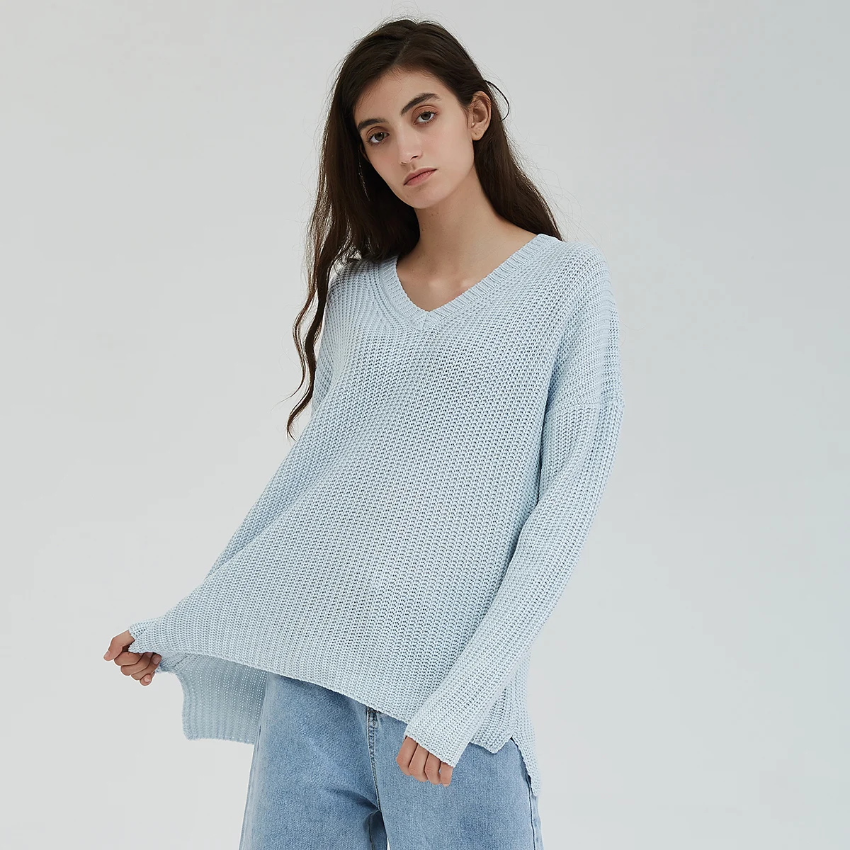 Skup Wixra damski sweter na drutach z długim rękawem solidny luźny pulower jesienno zimowy dekolt w serek luźne swetry damskie moda damska odzież