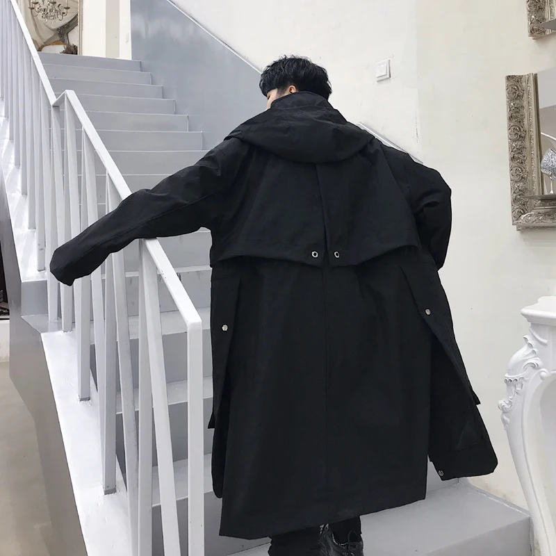 

Men Loose Casual Long Hooded Trench Coat Male Streetwear Hip Hop Windbreaker Jacket Punk Gothic Overcoat Cloak
