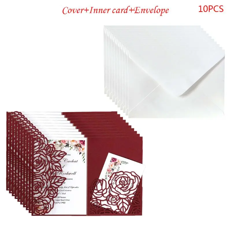 10pcs/set Hollow Rose Shape Laser Cut Wedding Invitations Card Party Supplies