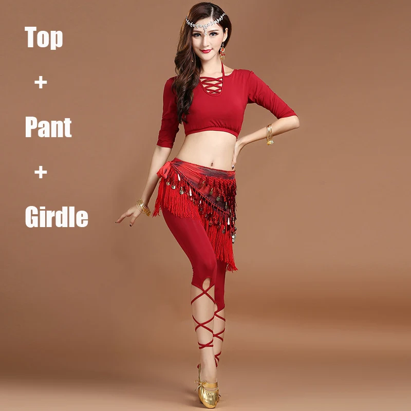 Red 3pcs Сексуальная одежда для танца живота Slik Fit танцевальный костюм средний рукав топы Восточный танец Йога одежда танец живота костюм BL2369 - Цвет: Red 3pcs