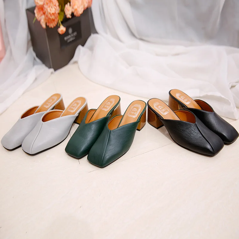 

Outside Casual Fashion Women Closed Toe Slippers Square Heel Summer Retro Sewing Slides Med Solid Elegant Shallow Women Shoes