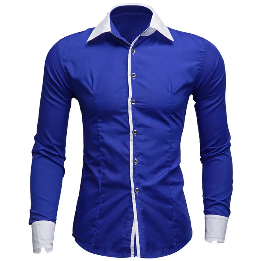 KLV Рубашка мужская повседневная Однотонная рубашка с длинным рукавом деловая приталенная рубашка с принтом Черная мужская синяя рубашка