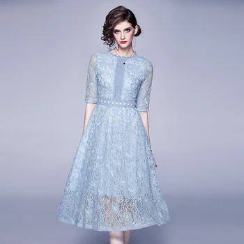 

New Style Elegant Women Blue Midi Lace Dress Zomerjurk Dames 2020 Midi Party Runway Dress Roupas Femininas Robe Pull K8752